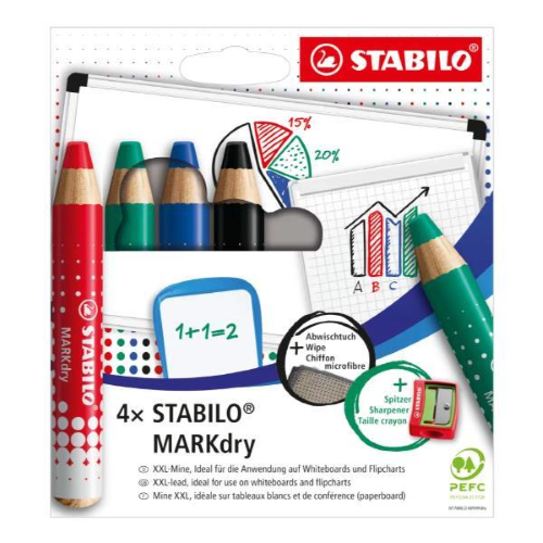 STABILO MARKdry, 4 pz, Nero, Blu, Verde, Rosso, Multicolore, Rotondo, Legno, 1 cm